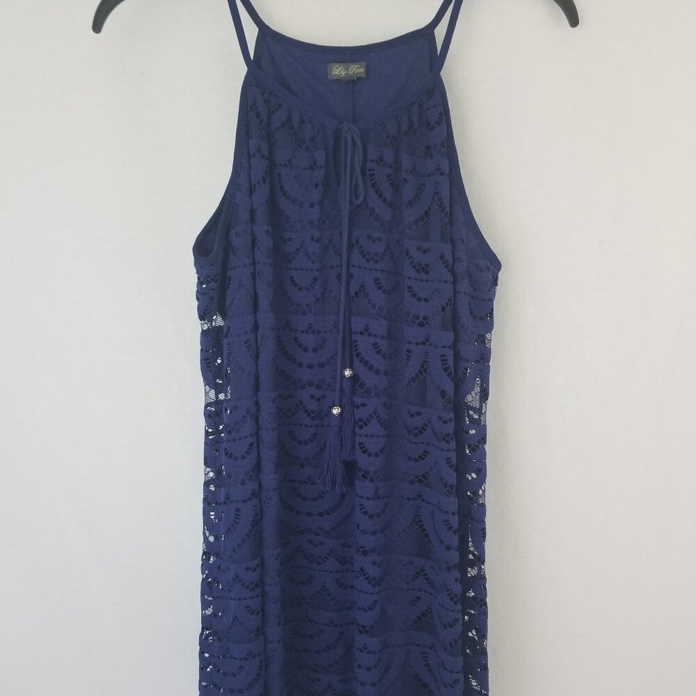 Lily Rose Crochet Lace Halter Dress Navy Blue Midi A-Line Sz M